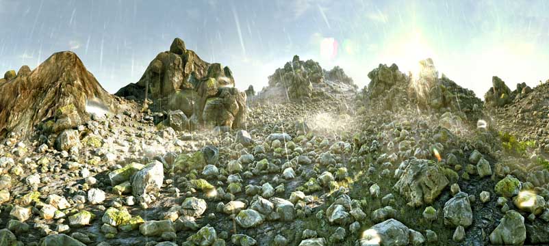 Unigine Valley panorama - rainy rocks - created 2014